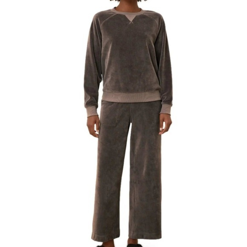 PACT Sweatshirt Sweatpants Set M‎ Brown Graphite Velour Organic Cotton Raglan